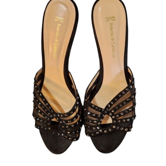 Roberta di Camerino Black Studded Rhinestone Women's Open Toe Heels 7.5 - Picture 1 of 11